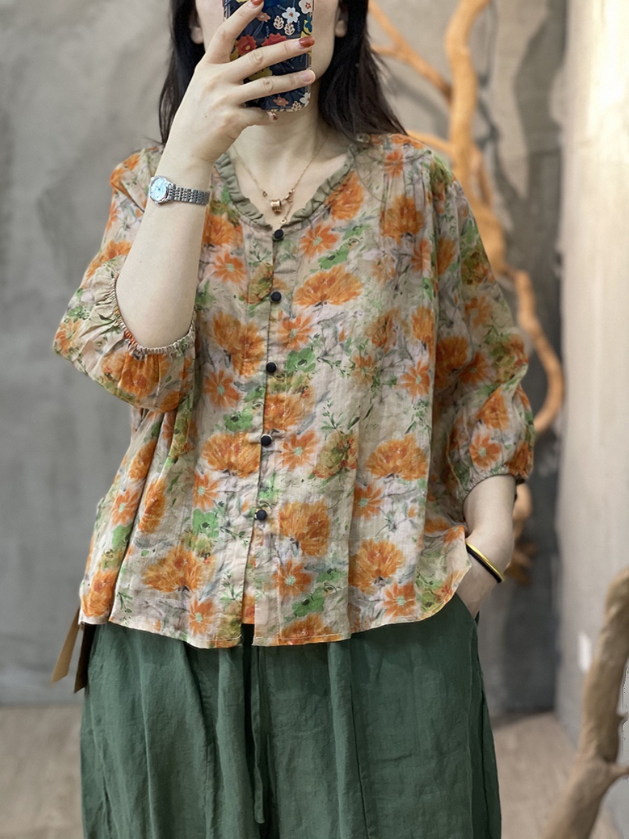 Linen Shirt Breathable - Large Size Women's Artistic Floral Linen