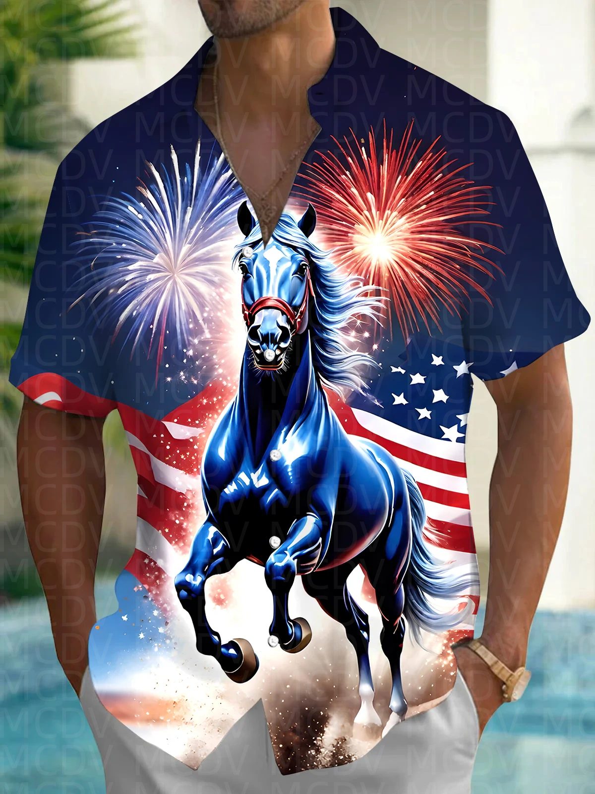 Shirt Camp Collar - Horse Pattern Men's Hawaiian Shirt Stretch