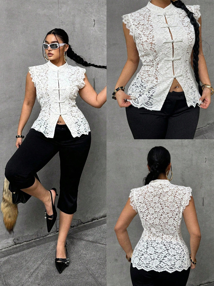 Plus Size Elegant Lace Blouse, - Shirt Camp Collar review and price