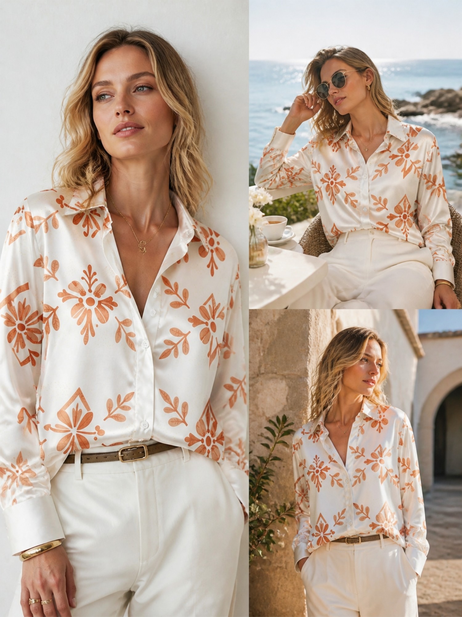 Cream Orange Floral Satin Blou - Resort Shirt Floral review and price