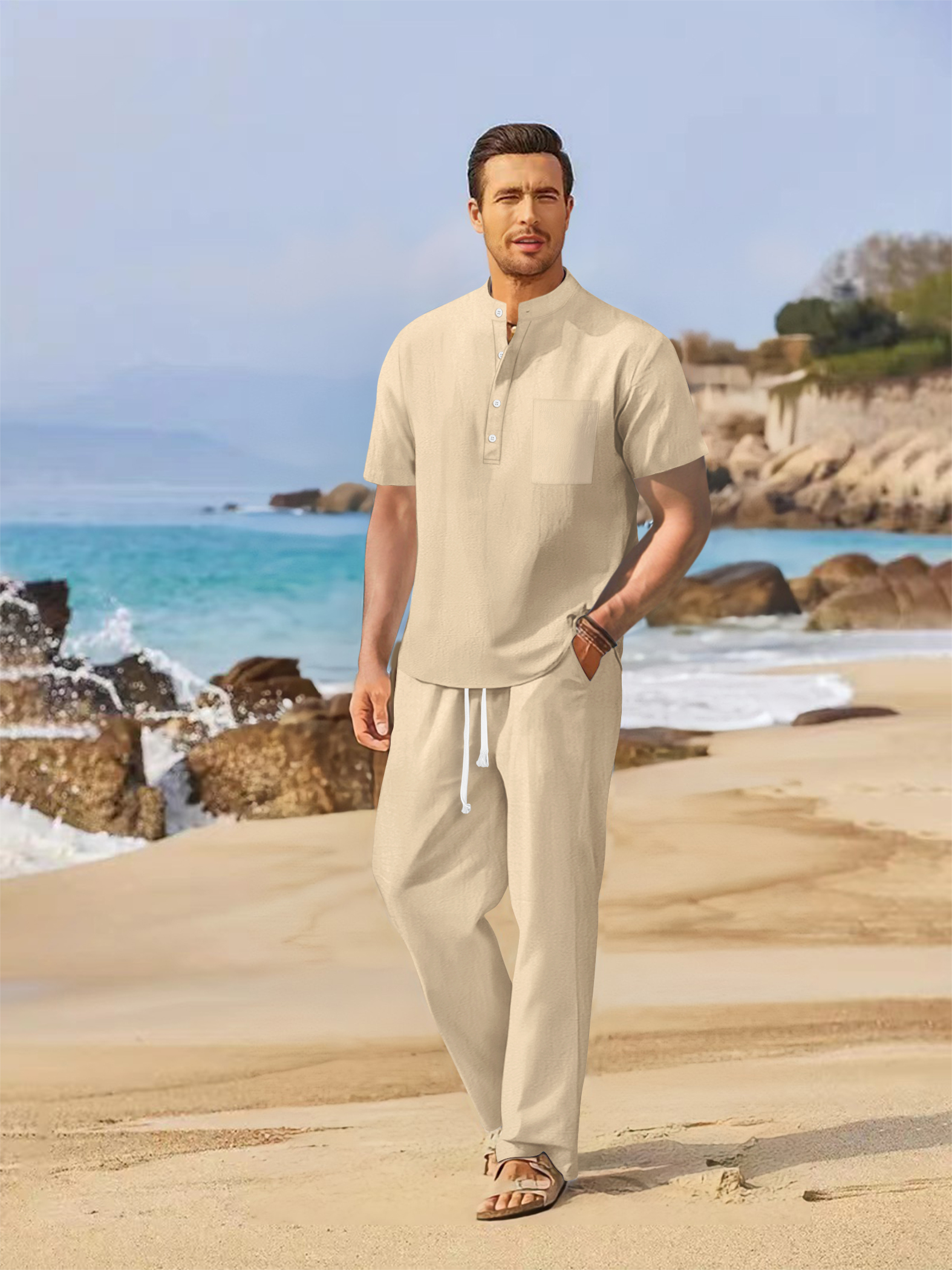 Summer men's cotton and linen  - Short Linen Drawstring review and price