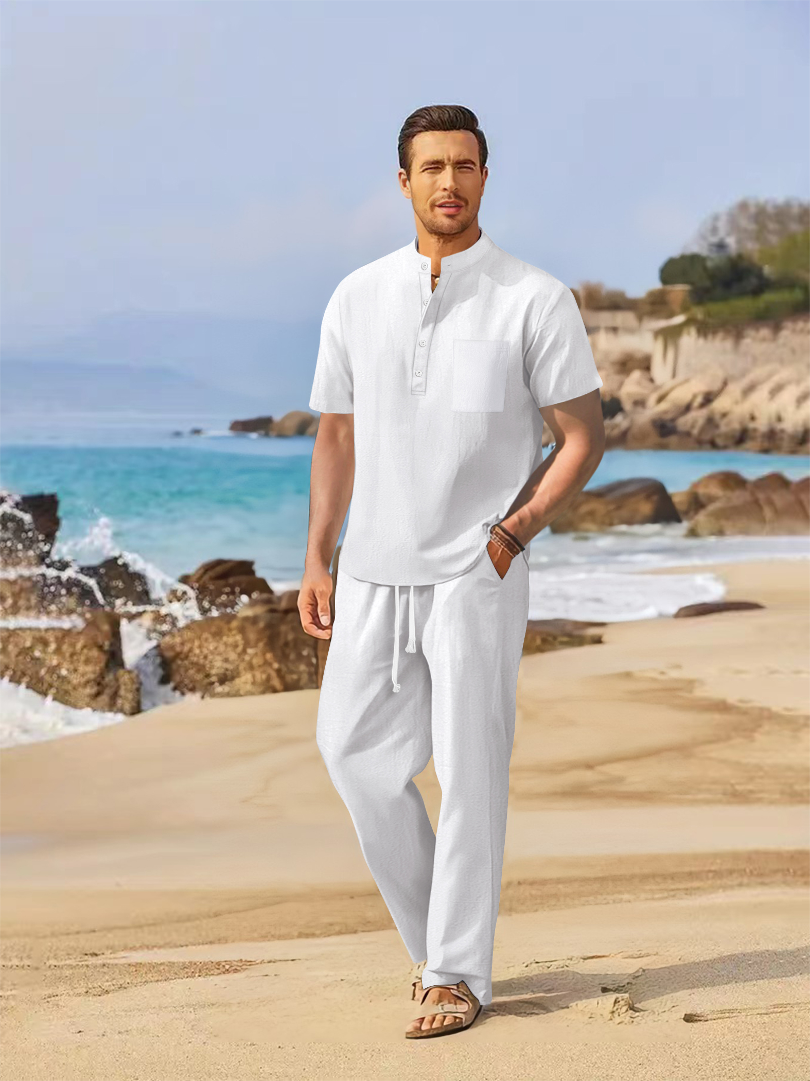 Summer men's cotton and linen  - Short Linen Drawstring review and price
