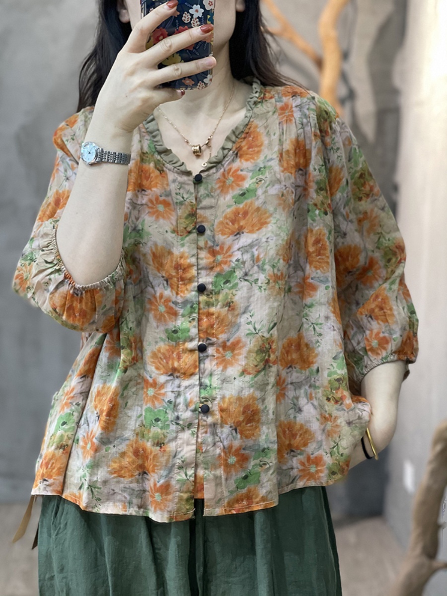 Large Size Women's Artistic Fl - Linen Shirt Breathable review and price