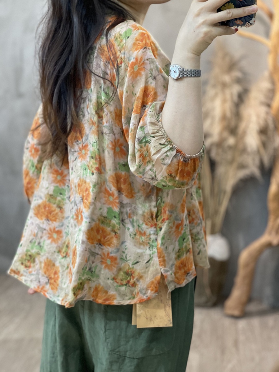 Large Size Women's Artistic Fl - Linen Shirt Breathable review and price