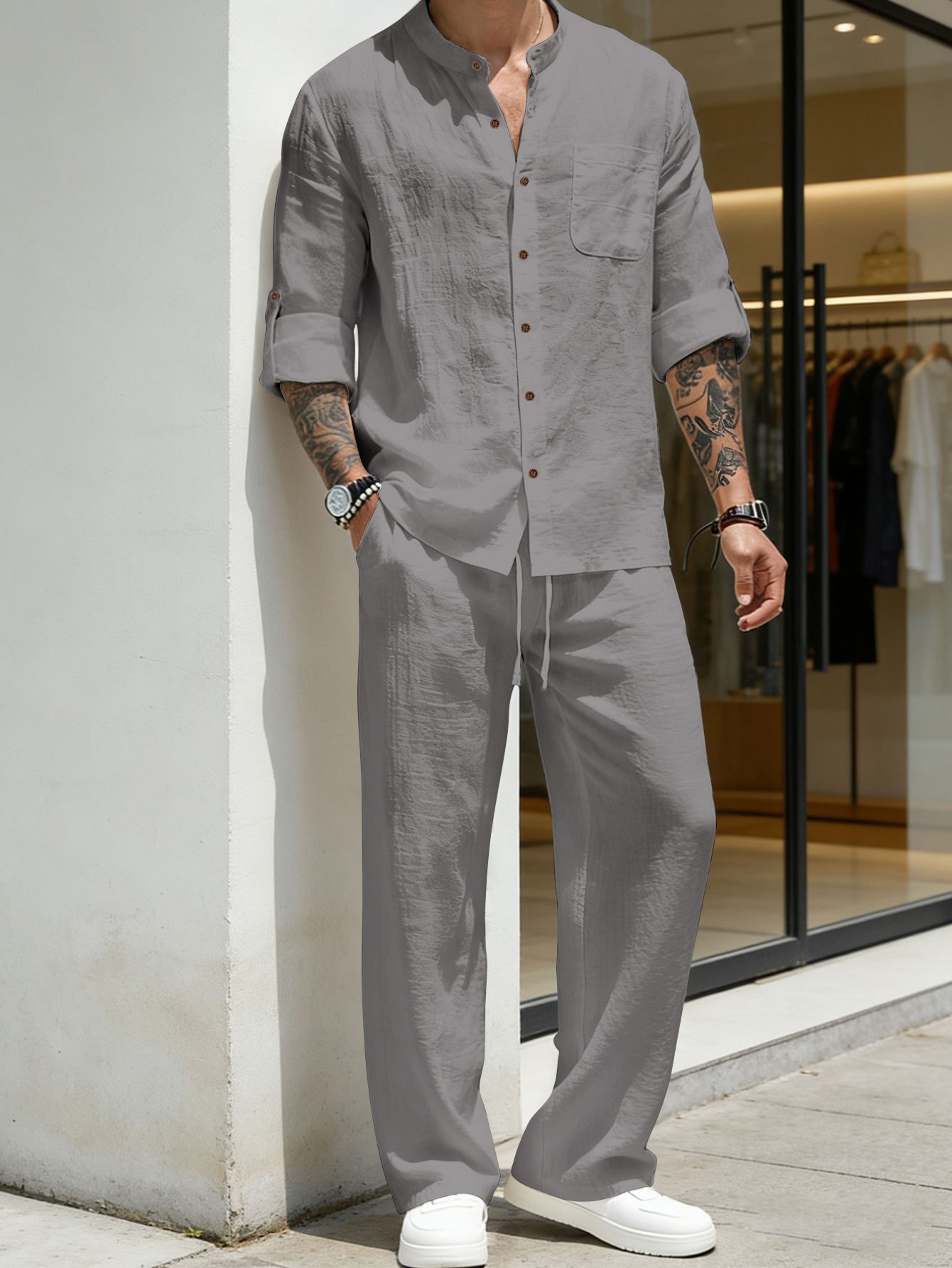 Suit Loose Linen Long Sleeve S - Linen Shirt Breathable review and price