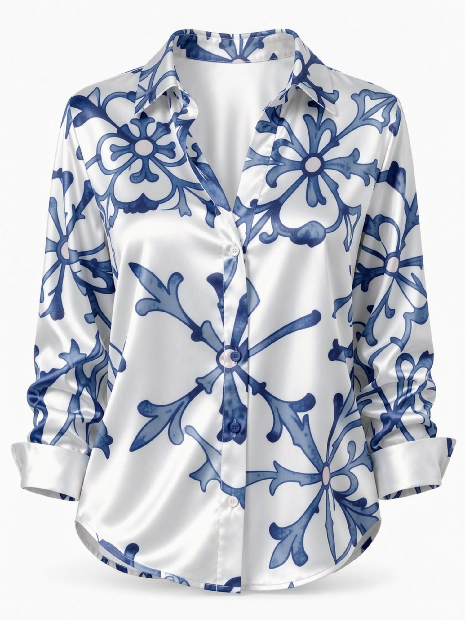Blue Porcelain Floral Satin Bl - Resort Shirt Floral review and price