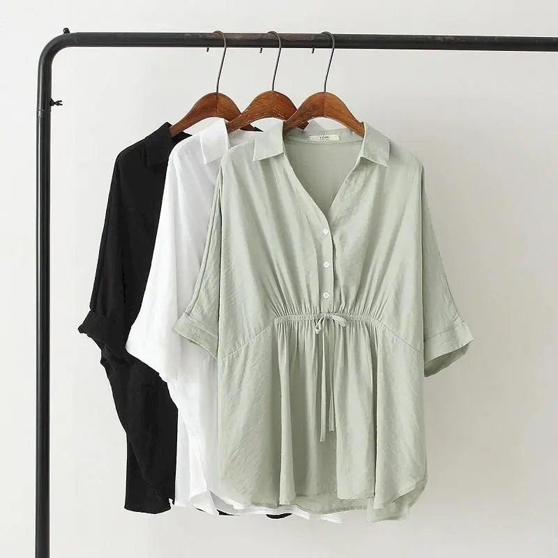 Korean Loose Blouses Women Fas - Short Linen Drawstring review and price