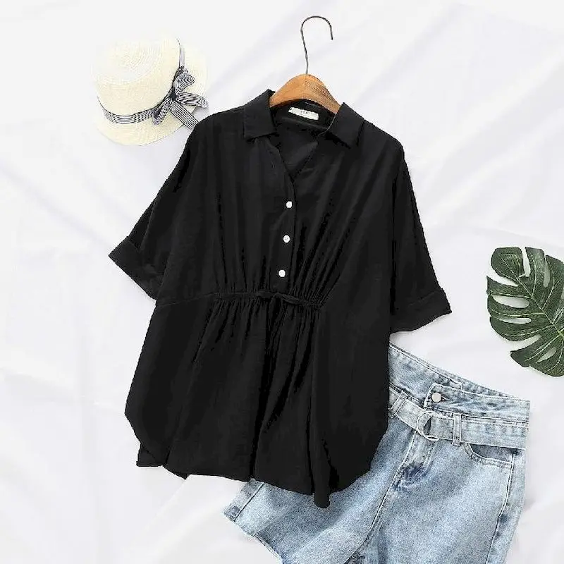 Korean Loose Blouses Women Fas - Short Linen Drawstring review and price